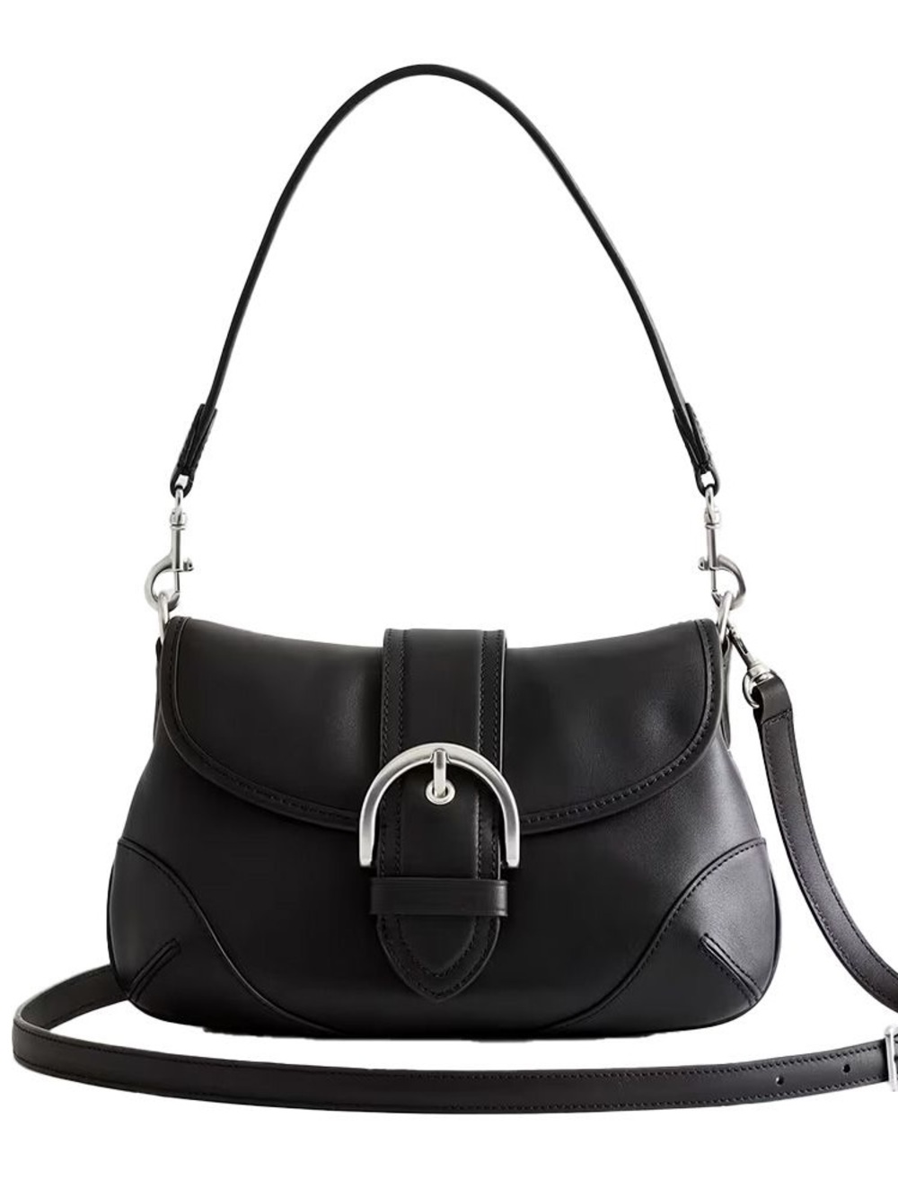 Quince Italian Leather Buckle Detail Crossbody Shoulder Soho Flap Bag Black